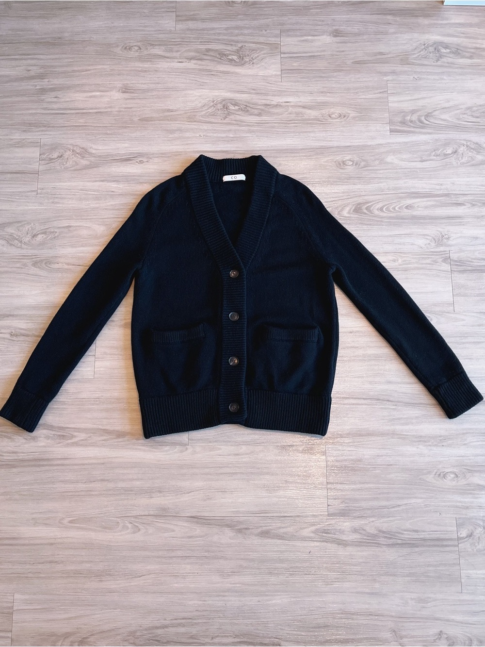 CO Collection Cashmere Wool Minimalist Black V Neck Button Sweater Cardigan